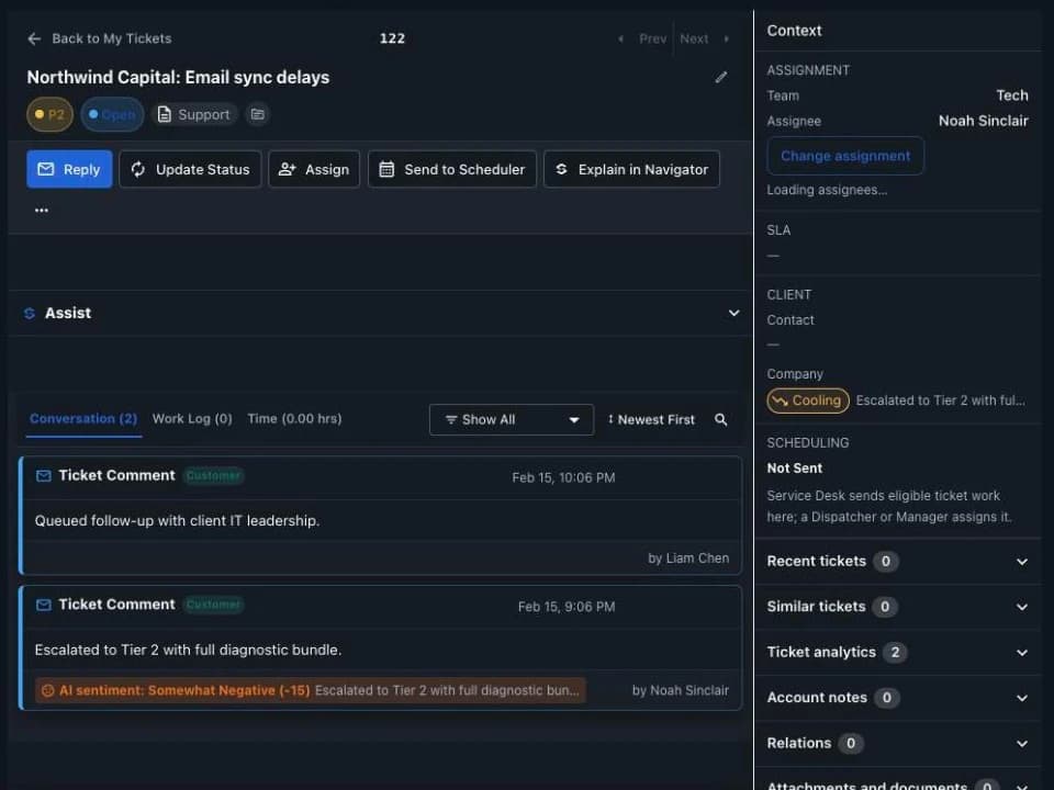 A Northwind Capital ticket in Stravere with the conversation and client context