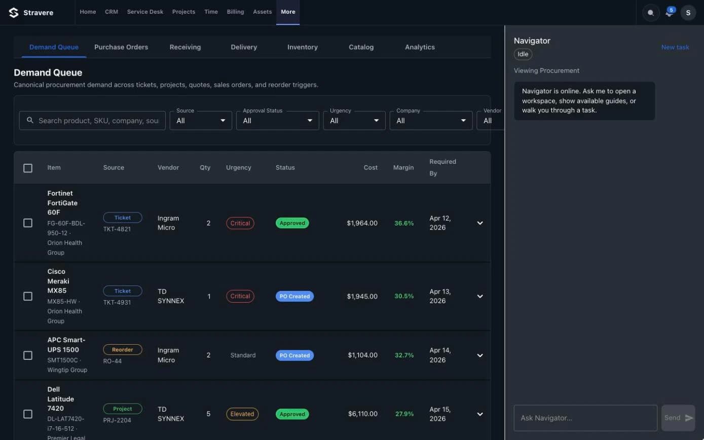 Stravere Procurement demand queue sourced from tickets, projects and reorders