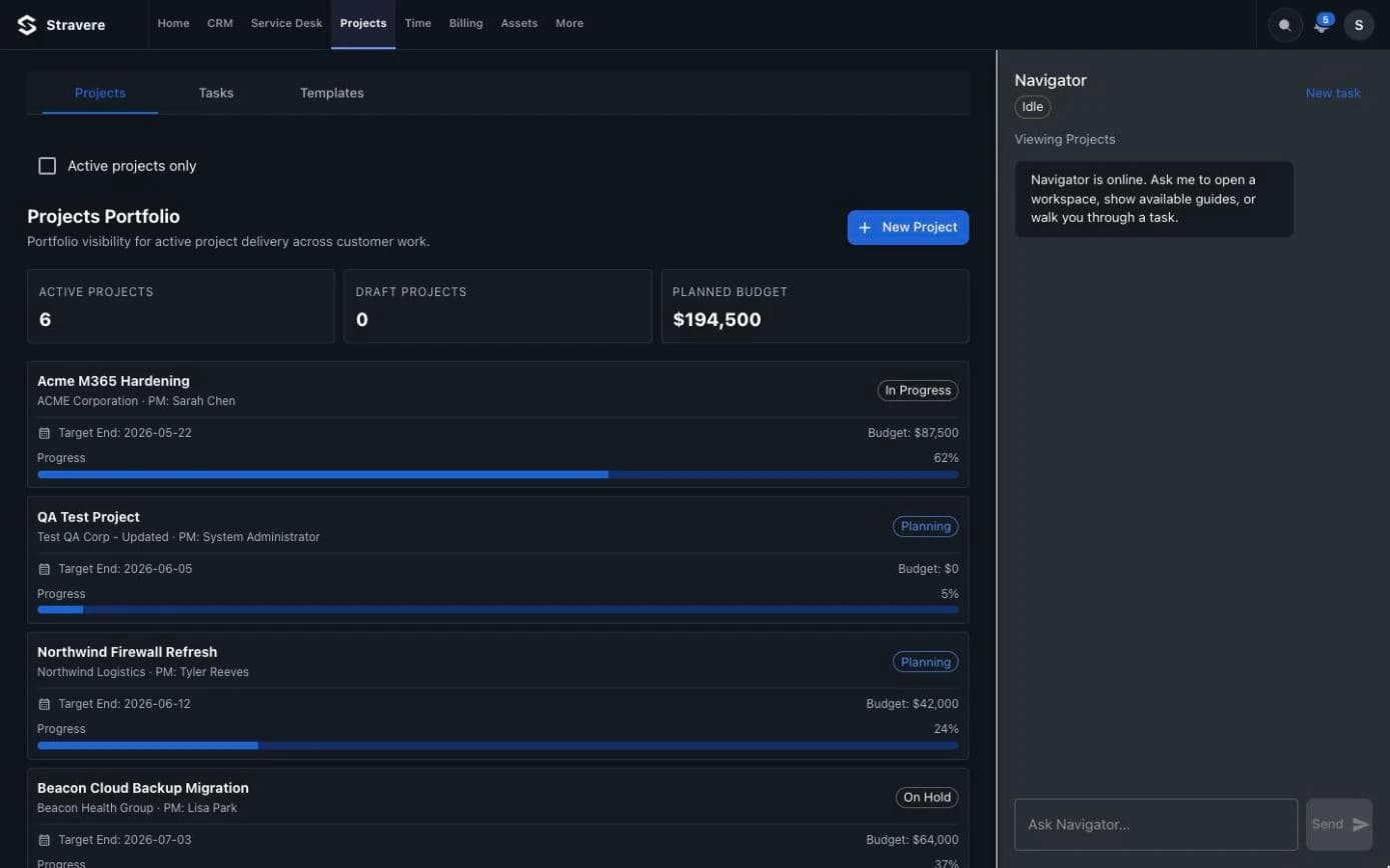 Stravere Projects portfolio with budgets, target dates and progress