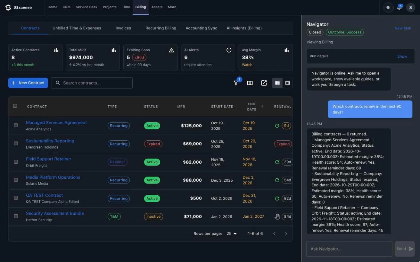 Navigator's answer beside Billing, filtered to the contracts that renew in the next 90 days